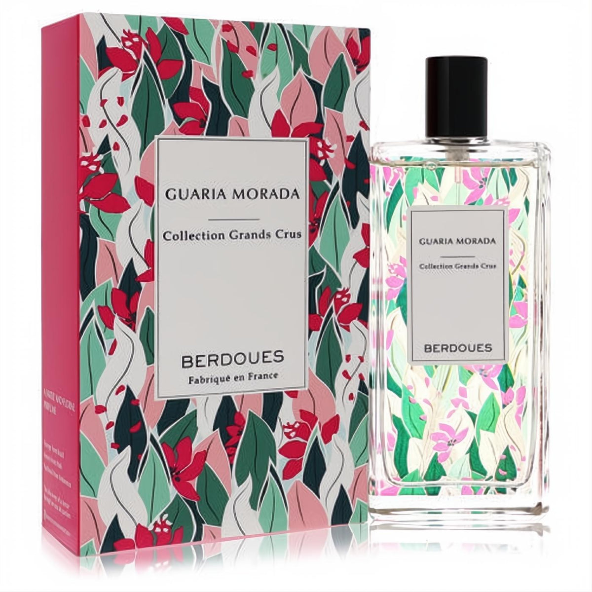 Guaria Morada Berdoues 3.38 oz EDP spray. Elegant clear glass bottle, black cap, and vibrant pink floral box.