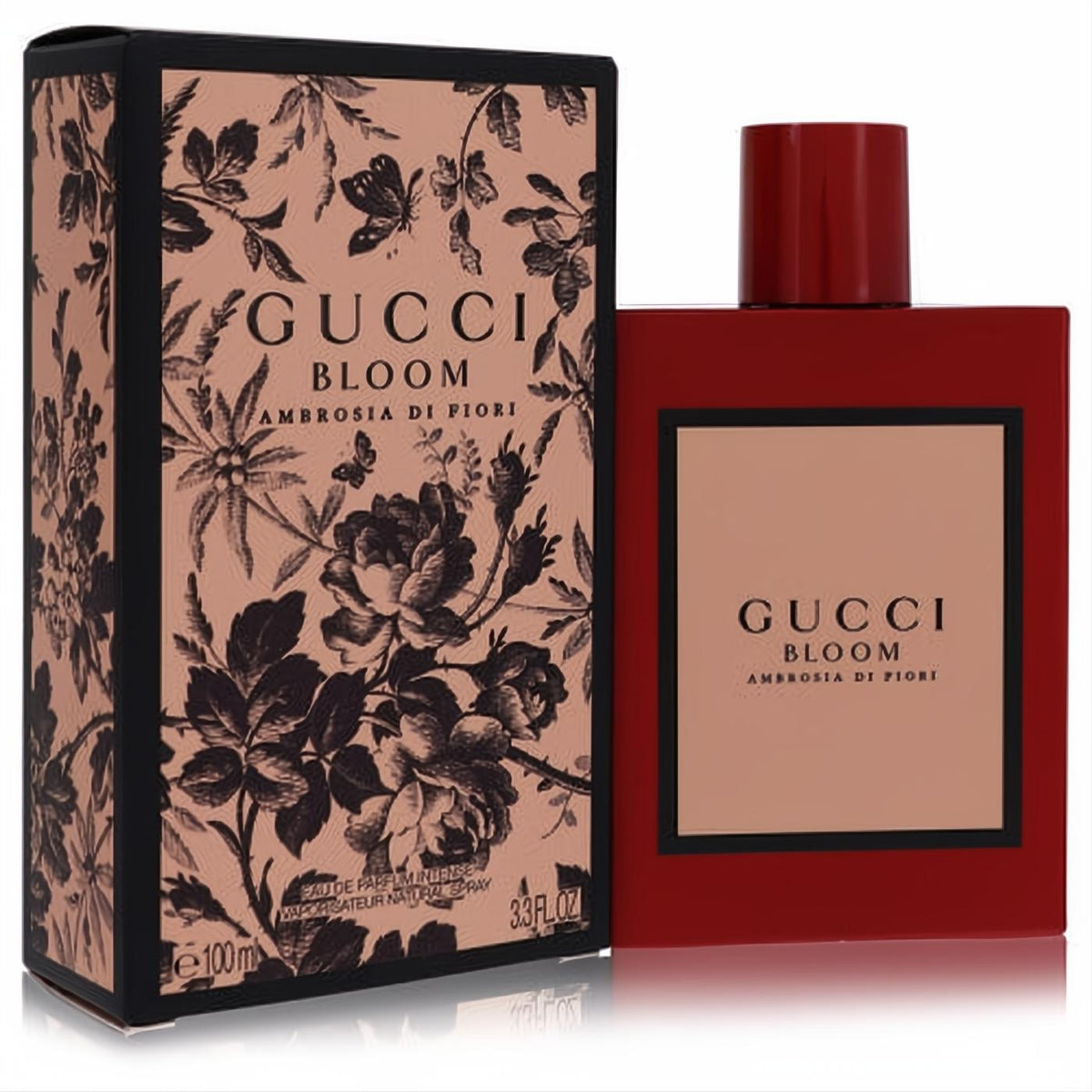 Gucci Bloom Ambrosia Di Fiori 3.3 oz intense perfume. Vibrant red glass bottle with peach label, next to its elegant black floral box.