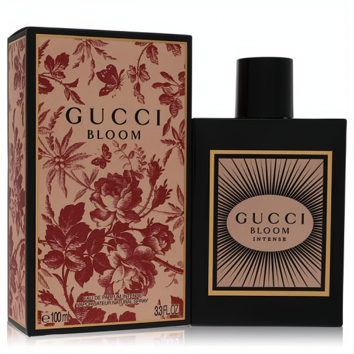 Sleek black Gucci Bloom Intense 3.3 oz EDP bottle with radiant label, beside its ornate floral-patterned box.