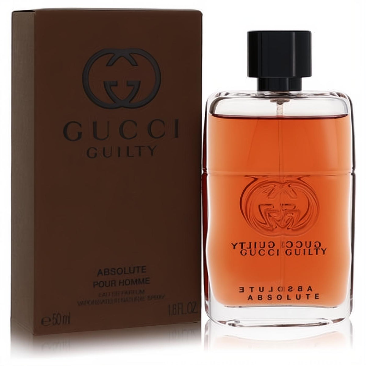 Gucci Guilty Absolute 1.6 oz men's EDP. Clear bottle with warm amber liquid, black cap, and brown box featuring the iconic GG logo.