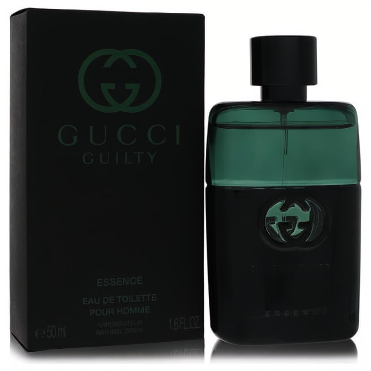 Elevate your style with Gucci Guilty Essence EDT for men. Sleek black bottle, vibrant green top, and iconic G logo.