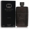 Elegant Gucci Guilty Pour Homme 3 oz Parfum spray. Sleek black bottle with embossed logo and matching luxury box.