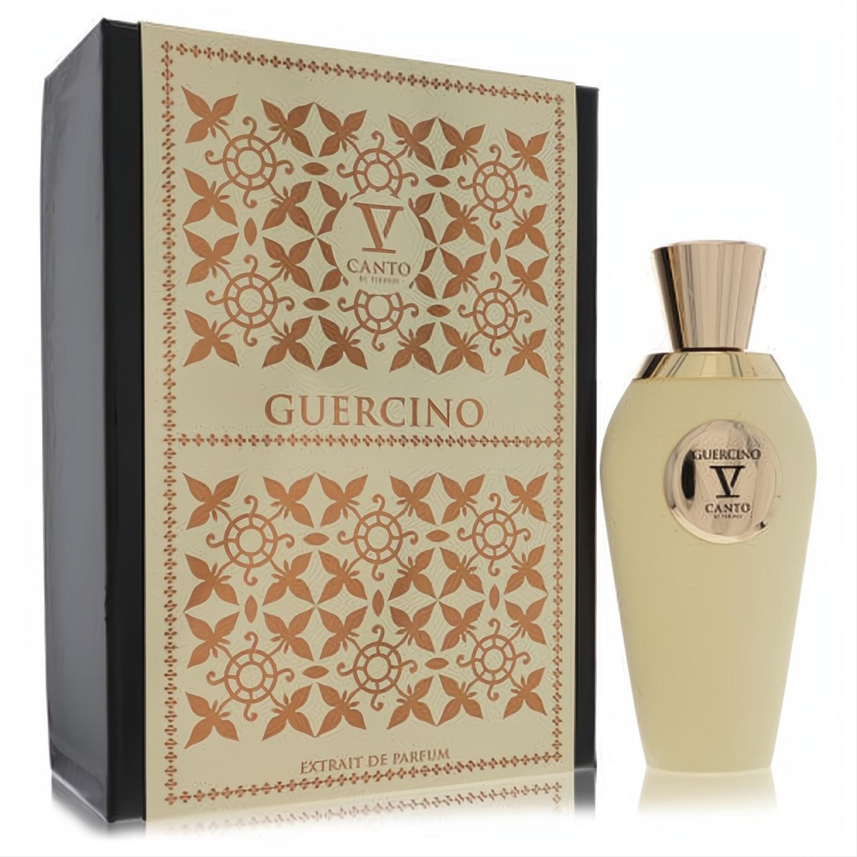 Guercino by V Canto 3.4 oz unisex extrait de parfum. Elegant cream bottle, gold cap, and a luxurious gold-patterned box.