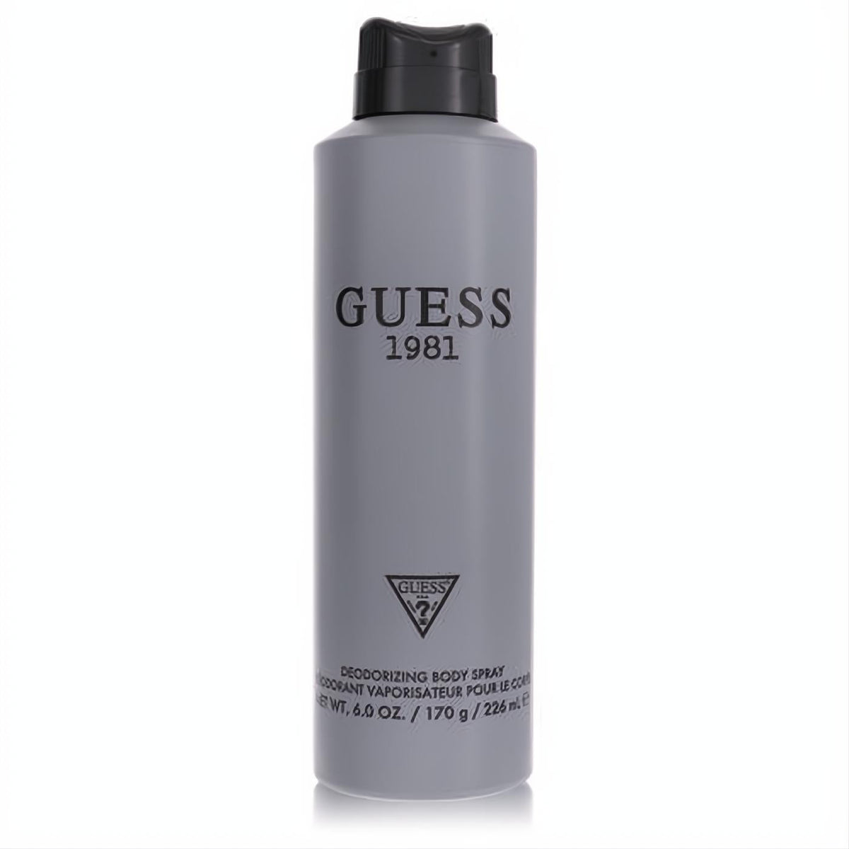 Bold Guess 1981 Men's Deodorizing Body Spray 6 oz in a sleek gray can with black cap and iconic logo.