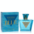 Vibrant Guess Seductive Blue women's Eau De Toilette. Elegant blue glass bottle and matching box with iconic gold logo.