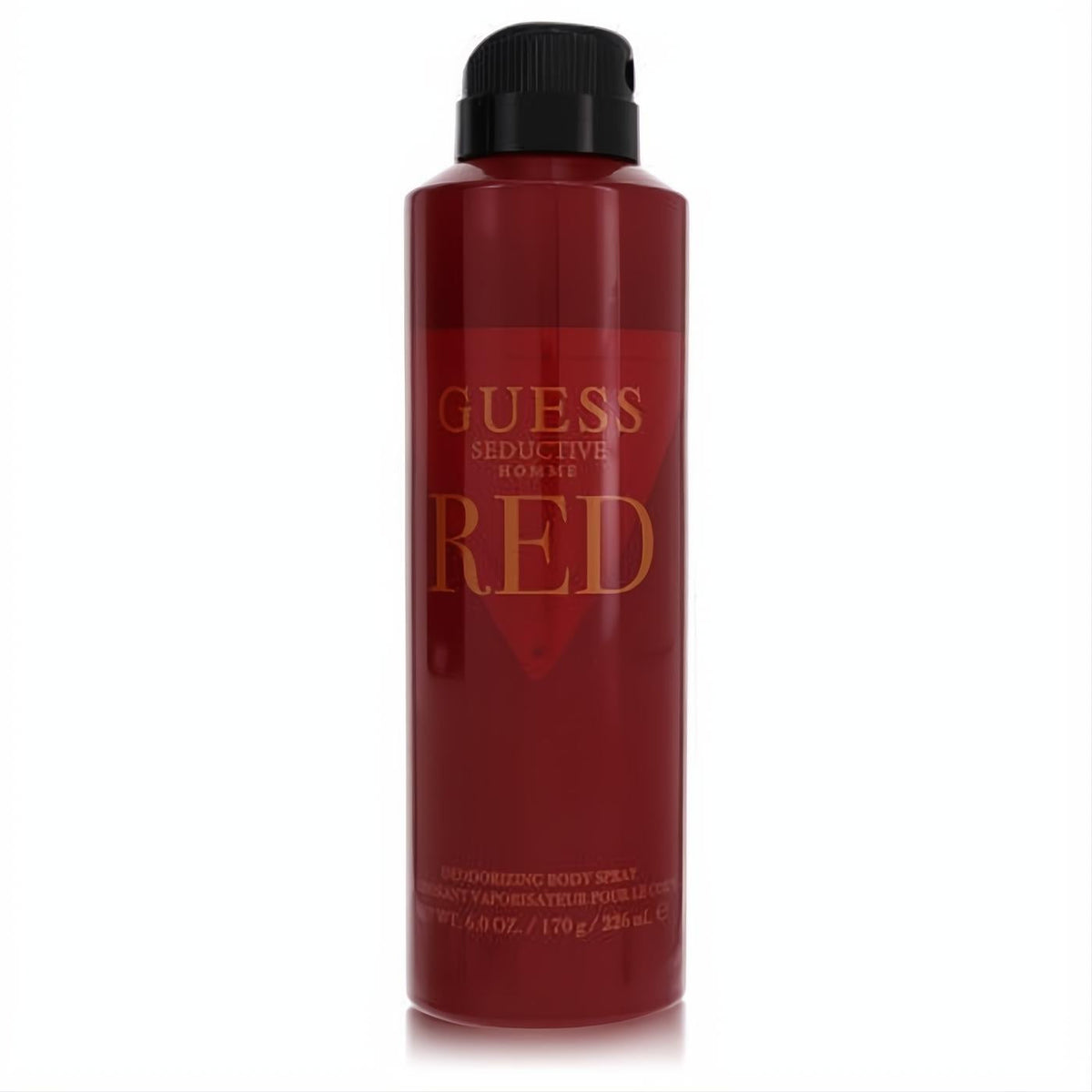 Experience Guess Seductive Homme Red 6 oz body spray. Bold red can, sleek black cap, and sophisticated gold branding.