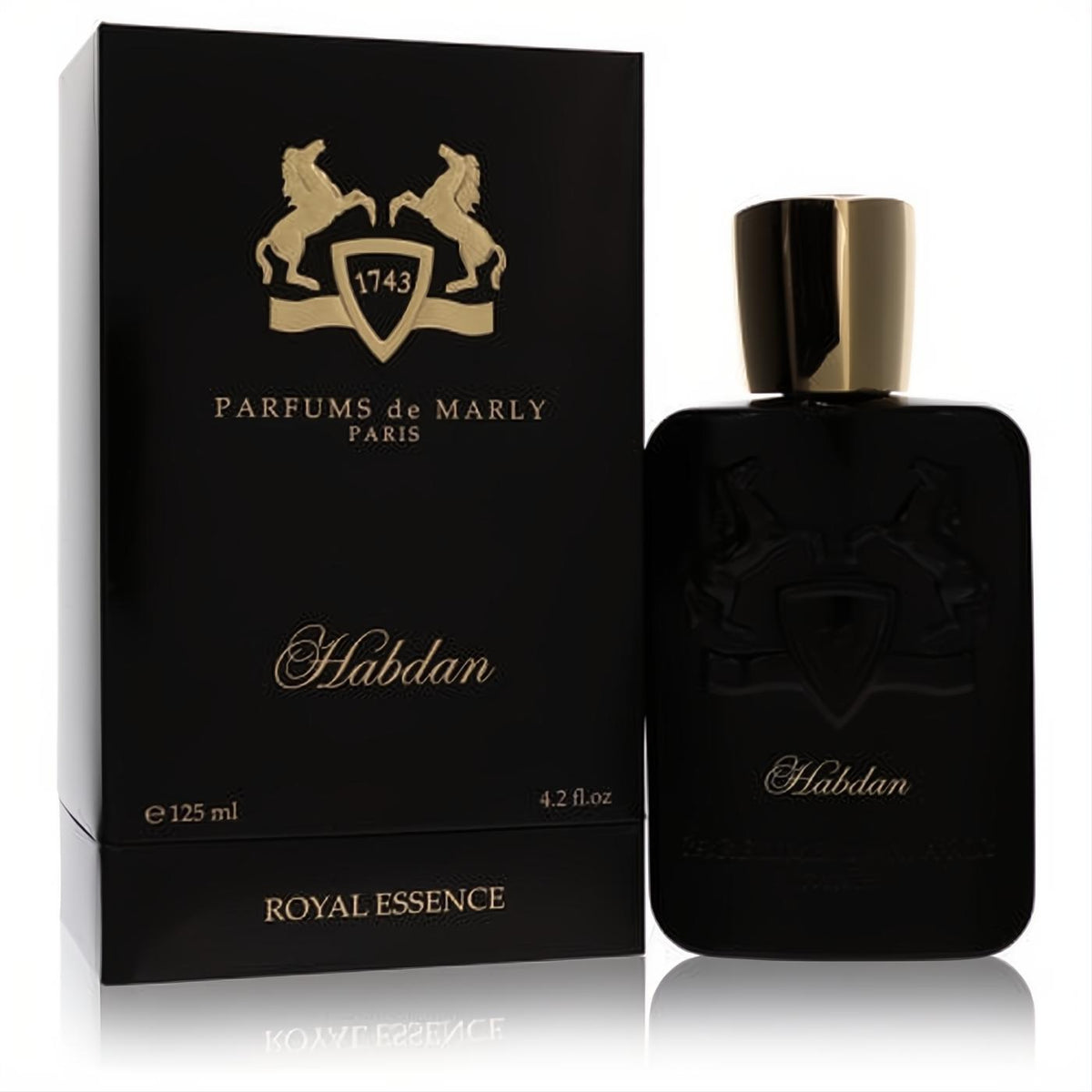 Luxurious Parfums de Marly Habdan 4.2 oz Eau de Parfum spray in sleek black bottle with gold details.