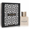 Sophisticated Nishane Hacivat Extrait de Parfum 3.4 oz fragrance. Beige bottle, gold cap, and elegant black geometric pattern box.