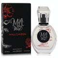 Captivating Halloween Mia Me Mine 1.35 oz EDT spray. Clear glass bottle with faceted cap, elegant black & red floral box.