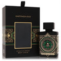 Luxury Happiness Oud 2.7 oz Extrait De Parfum. Black bottle and box feature intricate gold and green art deco designs.