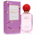 Happy Chopard Felicia Roses 3.4 oz EDP. Elegant clear bottle with light pink fragrance, bold red cap, and festive purple box.
