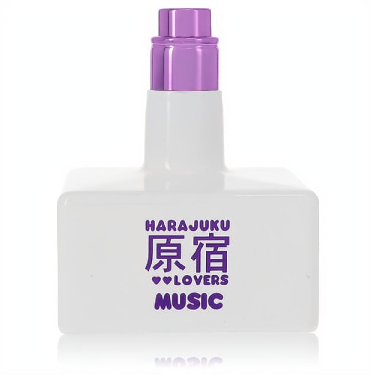 Harajuku Lovers Pop Electric Music women's perfume. White bottle with a vibrant purple sprayer and "HARAKUJU 原宿 ♥♥ LOVERS MUSIC" branding.