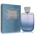 Hawas Ice by Rasasi 3.3 oz EDP. Sleek clear bottle with cool blue liquid, ribbed white cap, and matching textured blue box.
