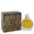 Hayari New Oud 3.4 oz unisex perfume: golden liquid in a round glass bottle, with a luxurious dark brown box featuring ornate gold patterns.