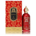 Attar Collection Hayati 3.4 oz unisex EDP: stunning red bottle with intricate gold arabesque design and matching luxury packaging.