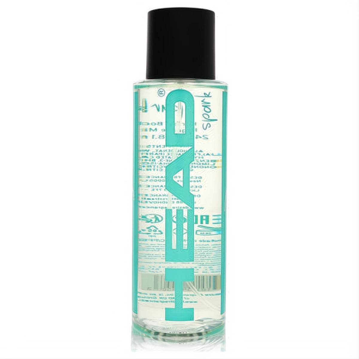 Head Spark 8.1 oz hair & body fragrance mist in a clear glass spray bottle with a vibrant teal label and black cap.