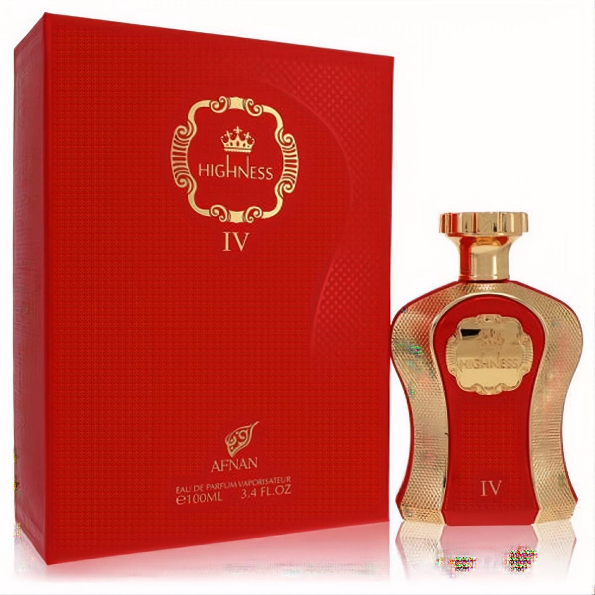 Afnan Her Highness Red 3.4 oz EDP. Luxurious red and gold bottle with ornate crown design, next to its elegant matching box.