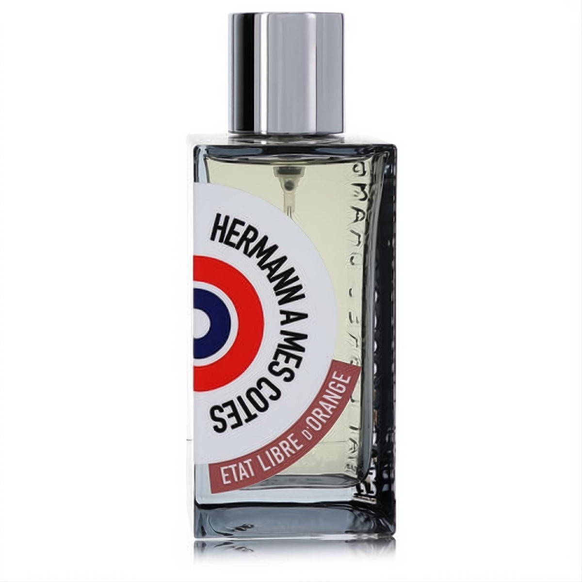 Elegant Etat Libre D'Orange Hermann A Mes Cotes perfume spray. Clear glass bottle with sleek silver cap and unique target logo label.