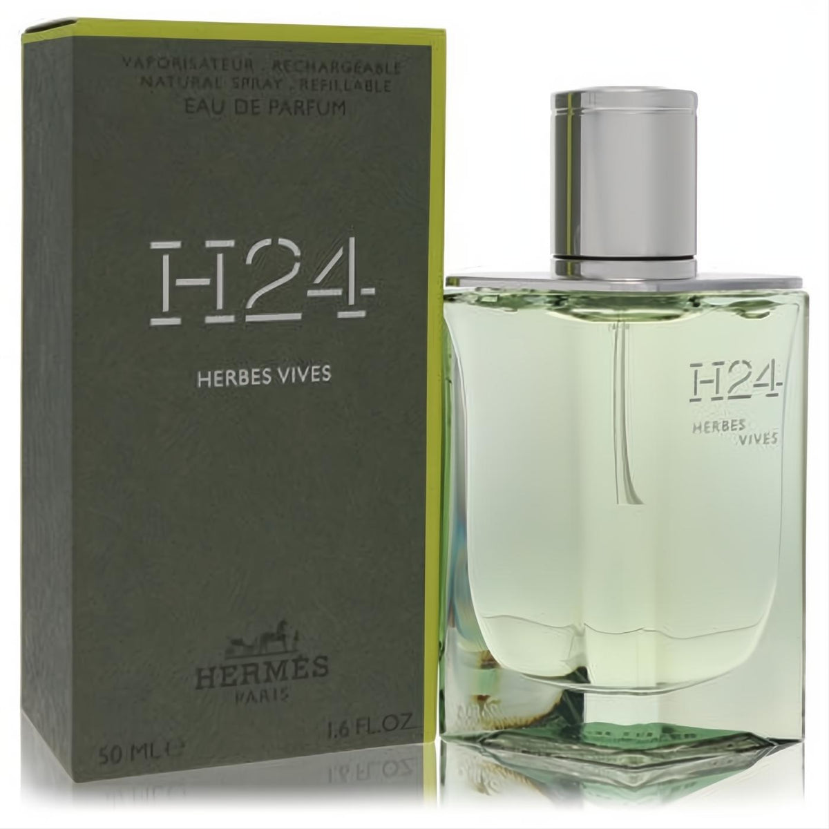 Hermes H24 Herbes Vives 1.7 oz EDP. Elegant refillable spray bottle with fresh green fragrance, silver cap, and matching matte olive box.