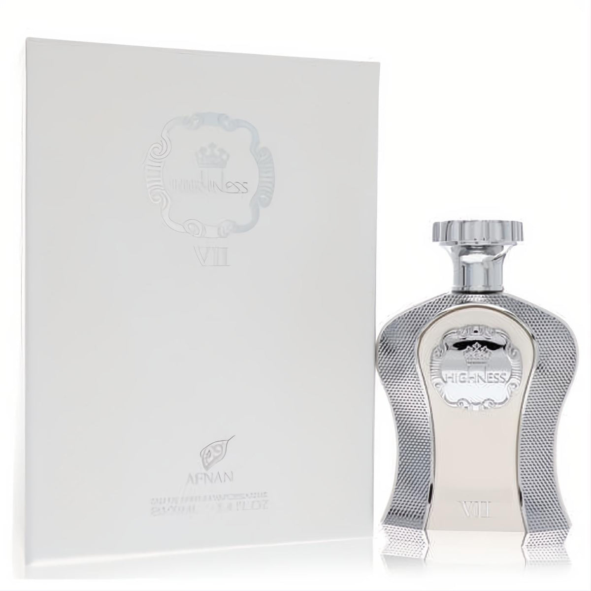 Afnan His Highness White VII 3.4 oz men's cologne. Regal silver textured bottle with crown logo, paired with elegant white box.