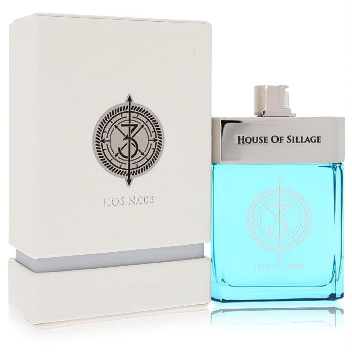 Experience Hos N.003 by House of Sillage. 2.5 oz blue glass men's cologne, silver cap, and elegant white box.