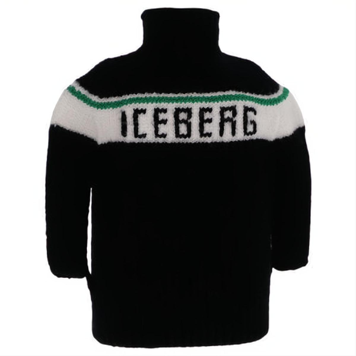 Stylish black knit turtleneck sweater featuring a bold white "ICEBERG" logo and a vibrant green stripe. Perfect for cool weather.