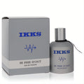 Captivating Ikks Be Free Spirit men's Eau De Toilette. Sleek matte gray bottle, silver cap, matching box, bold blue logo.