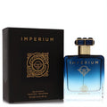 Luxurious Imperium unisex Eau De Parfum, 3.4 oz. Features a striking blue ombre bottle with a gold Celtic knot design and a sophisticated black box.