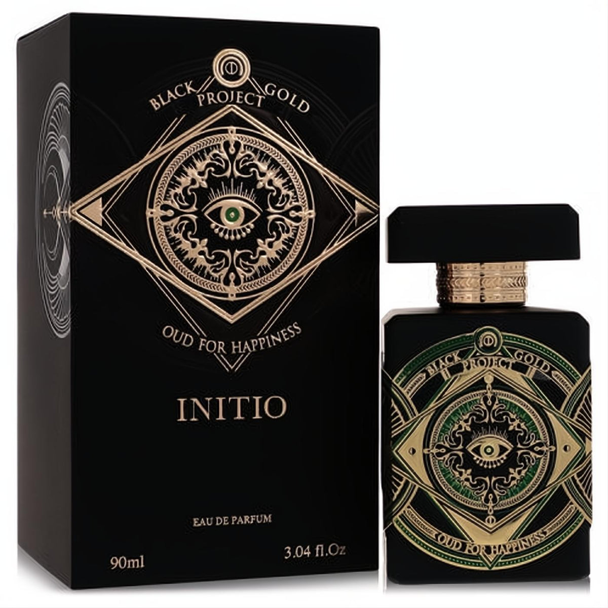 Initio Oud For Happiness 3.04 oz EDP. Luxurious black and gold bottle with intricate green eye design and matching box.