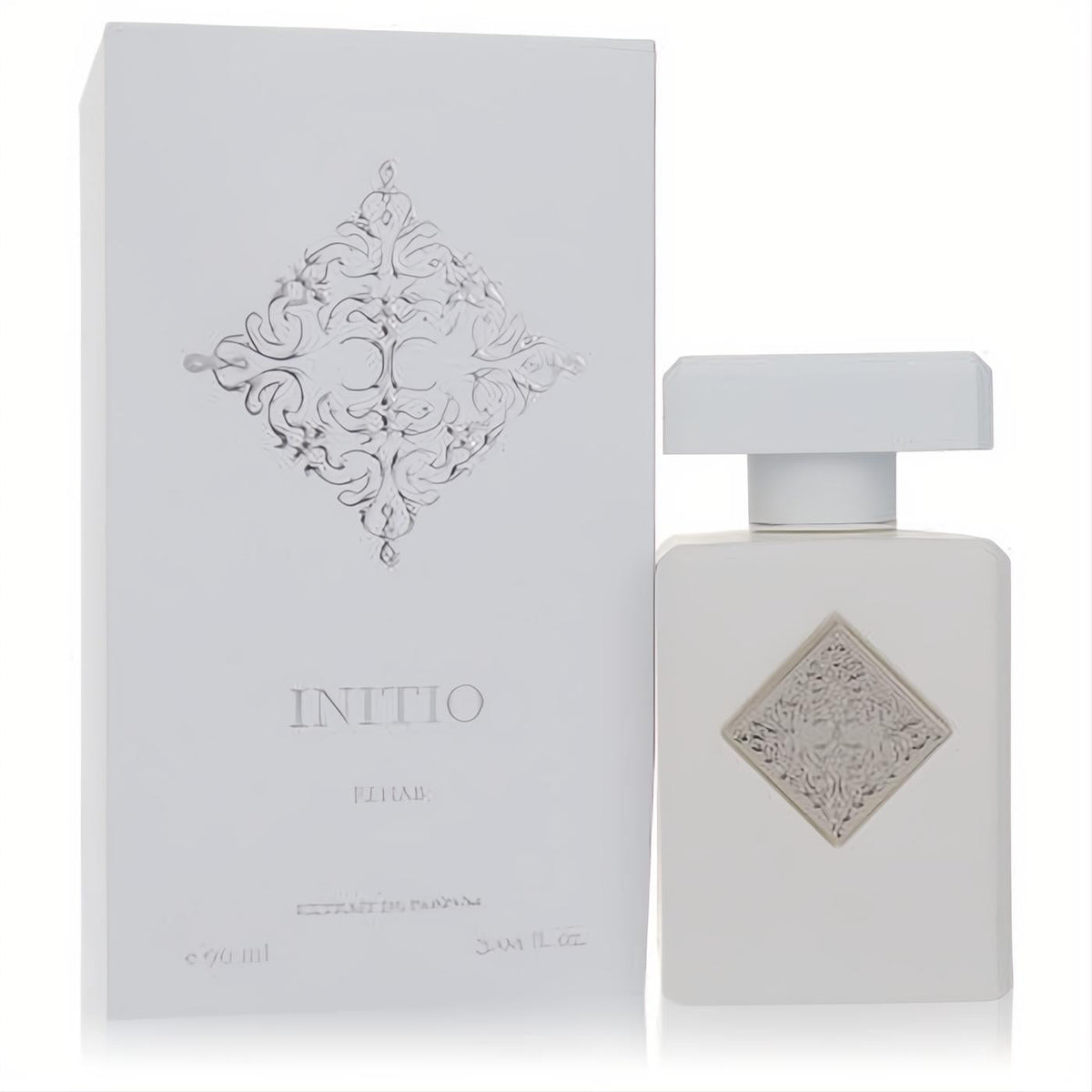Elegant Initio Rehab 3.04 oz unisex Extrait De Parfum. Matte white bottle with a silver ornate emblem and matching box.