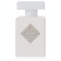 Initio Rehab Extrait De Parfum: sleek frosted white bottle, ornate silver emblem, a luxurious unisex fragrance.