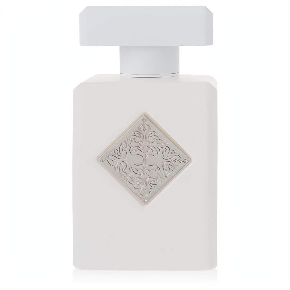 Initio Rehab Extrait De Parfum: sleek frosted white bottle, ornate silver emblem, a luxurious unisex fragrance.