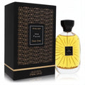Experience Iris Fauve 3.3oz unisex EDP. Golden liquid with shimmering flakes in a clear, sunburst bottle, beside its elegant Art Deco black box.