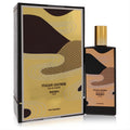 Experience Memo Paris Italian Leather EDP. Elegant black bottle, gold cap, and artistic gold, black, tan abstract design with matching box.