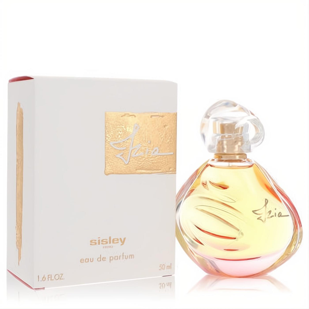Luxurious Sisley Izia 1.6 oz EDP. Features an elegant teardrop bottle with golden liquid, sculptural cap, and a chic white box with gold accents.