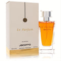 Elegant Jacomo Le Parfum 3.4 oz EDP in a clear glass bottle with warm amber liquid, beside its sophisticated beige and gold box.