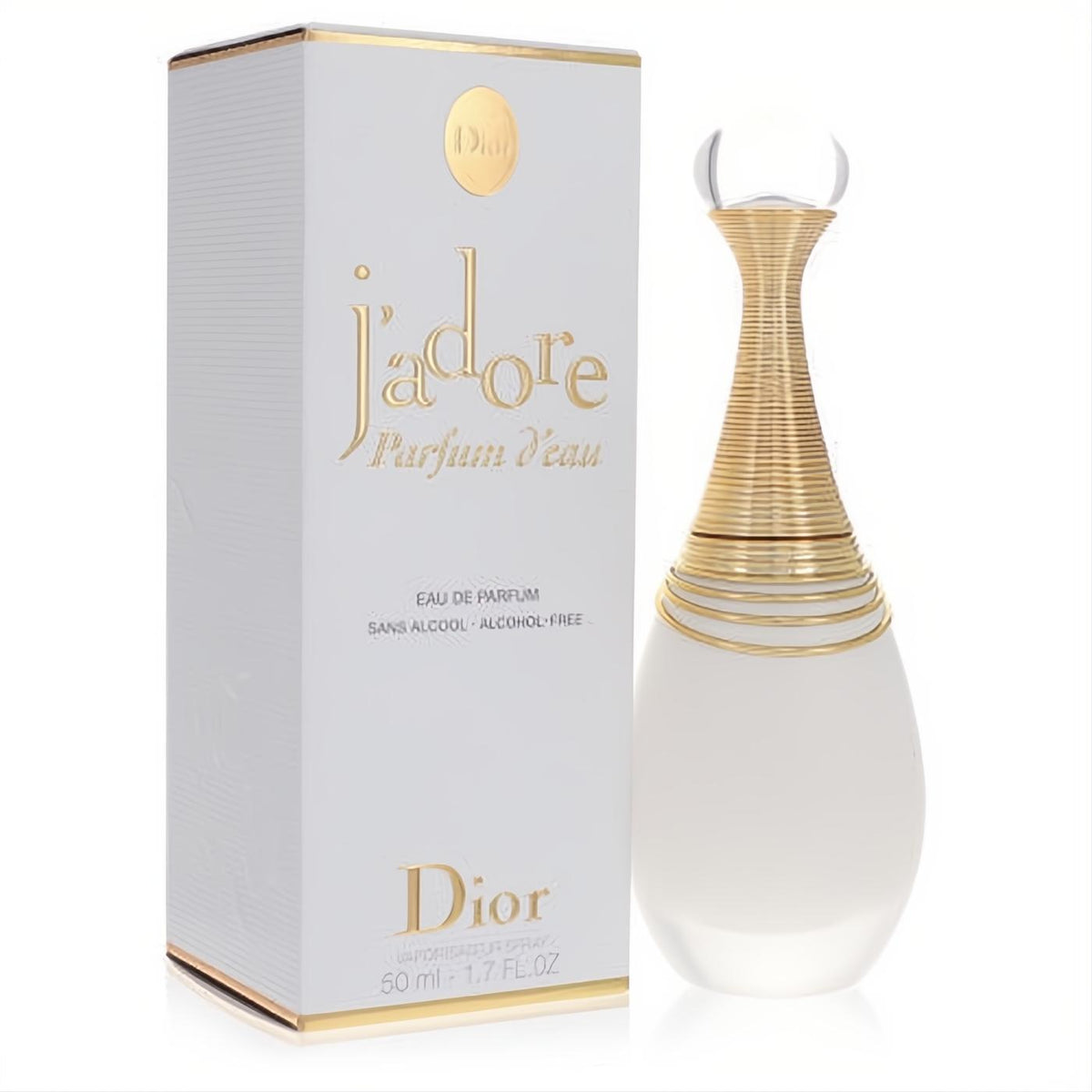 Christian Dior Jadore Parfum D'eau 1.7 oz. Iconic frosted bottle, gold coiled neck, elegant white box.