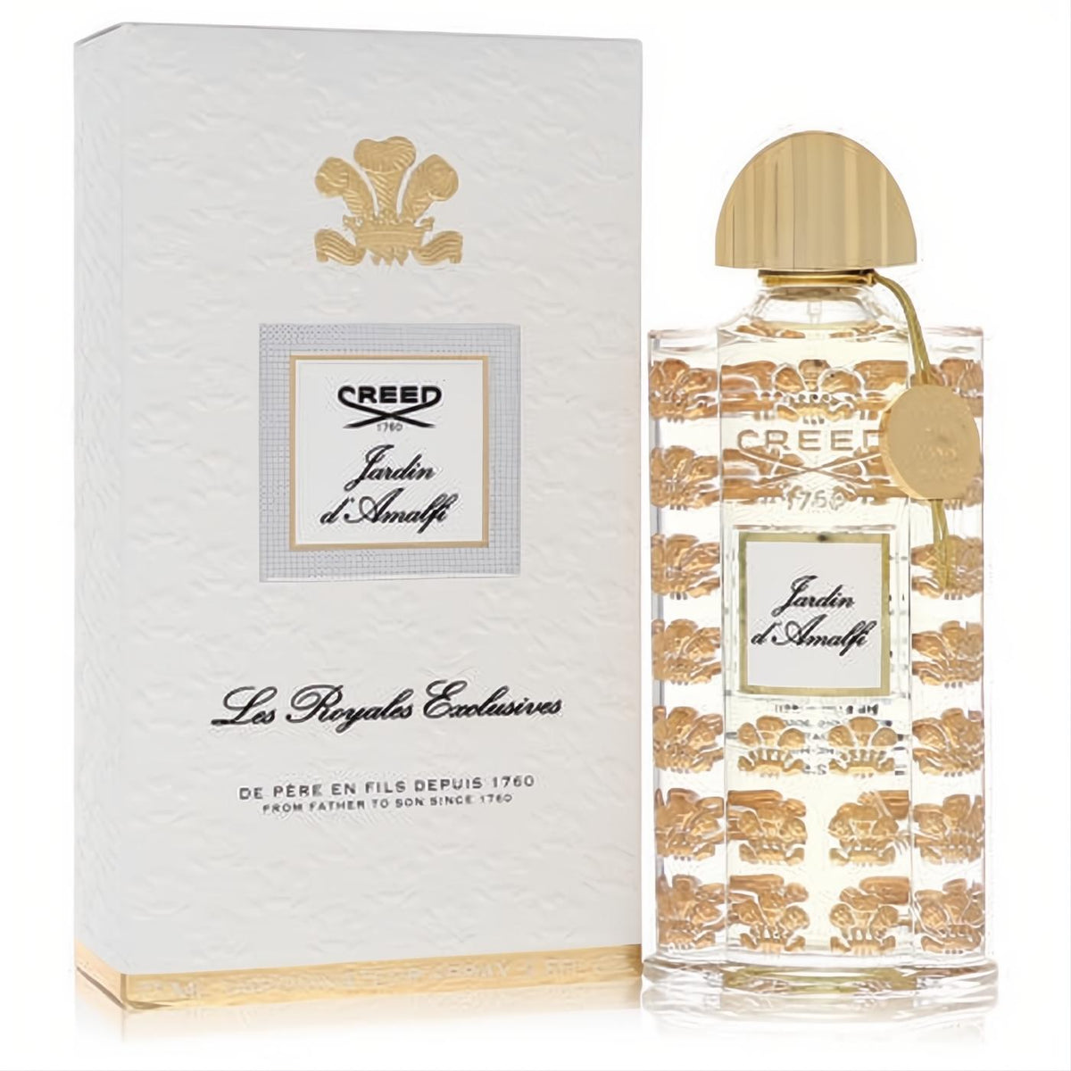 Exquisite Creed Jardin D'amalfi 2.5 oz unisex EDP. Clear glass bottle, intricate gold crest design, elegant gold cap, and white box.