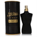 Jean Paul Gaultier Le Male Le Parfum 4.2 oz EDP. Iconic black torso bottle, gold cap, and sleek black/gold ribbed packaging.
