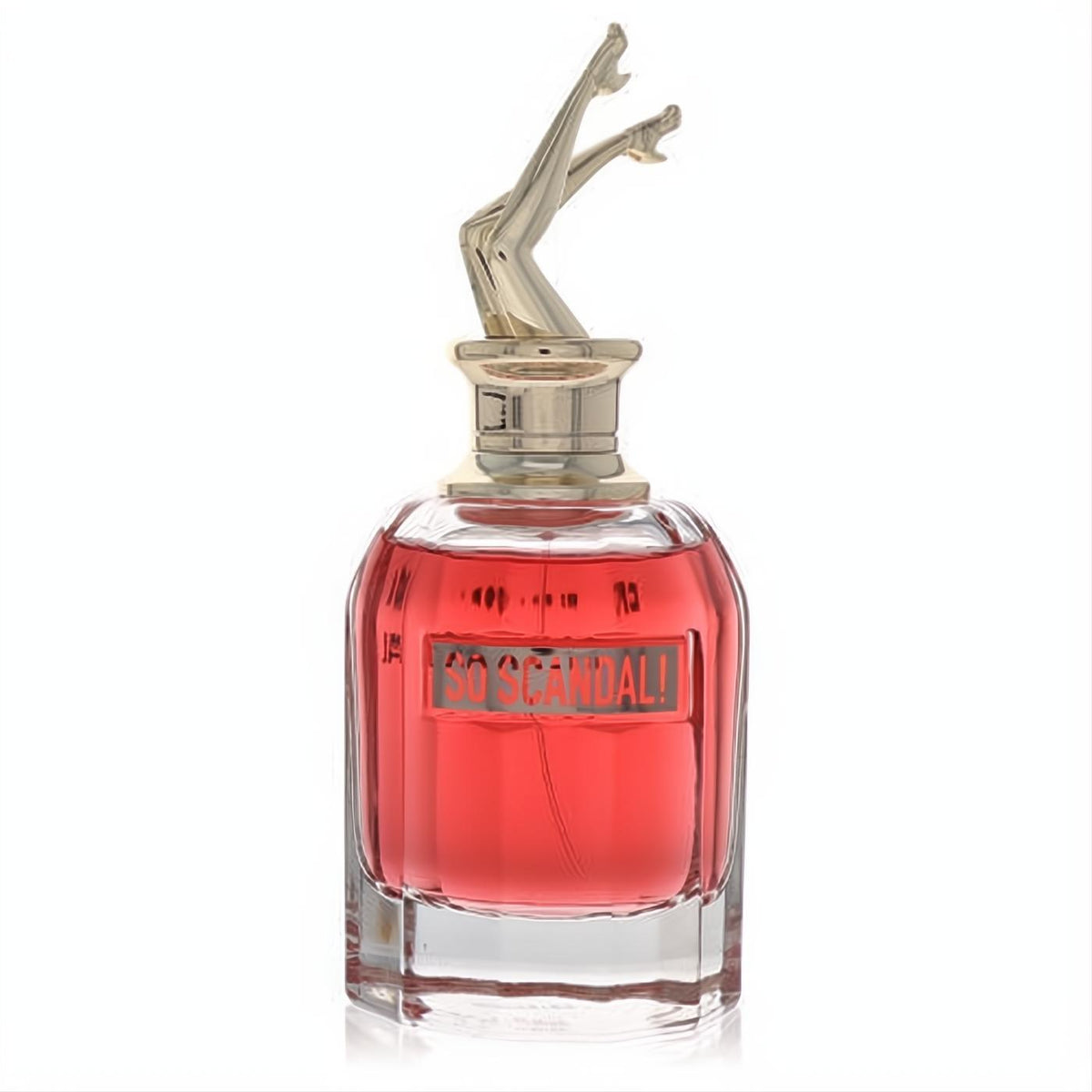 Jean Paul Gaultier So Scandal! 2.7 oz EDP tester. Daring clear glass bottle, vibrant pink fragrance, and iconic gold high-heel leg cap.