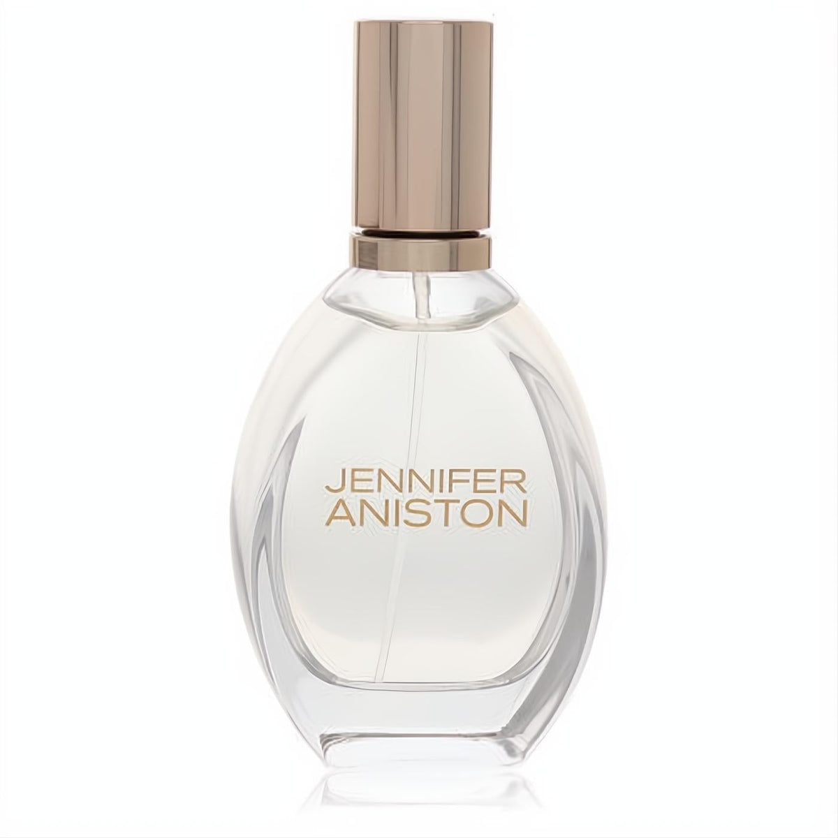 Jennifer Aniston Solstice Bloom 1.7 oz EDP: sleek clear glass oval bottle with a radiant rose gold cap.