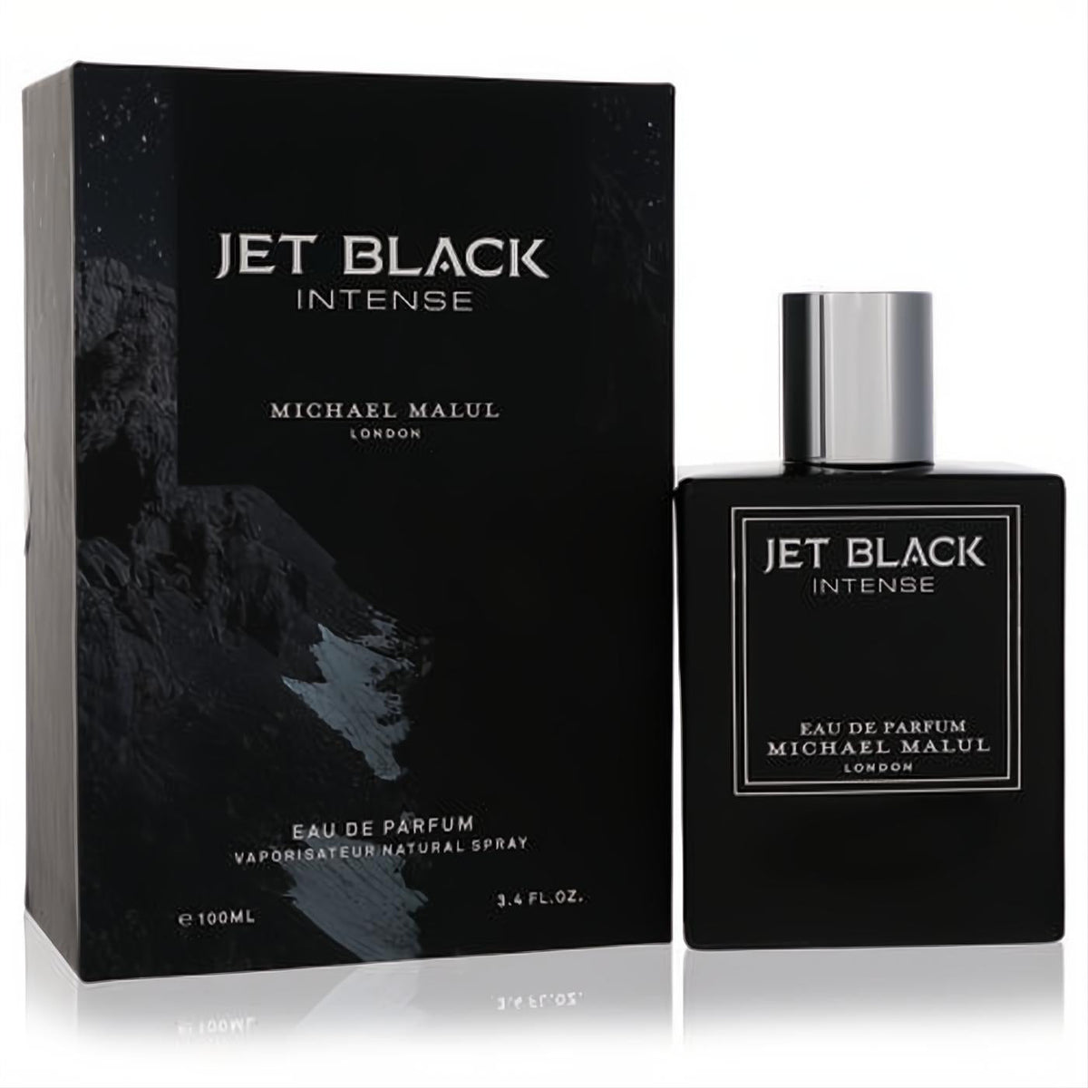 Sophisticated Jet Black Intense Michael Malul 3.4 oz EDP spray. Elegant black bottle, silver cap, matching textured box.