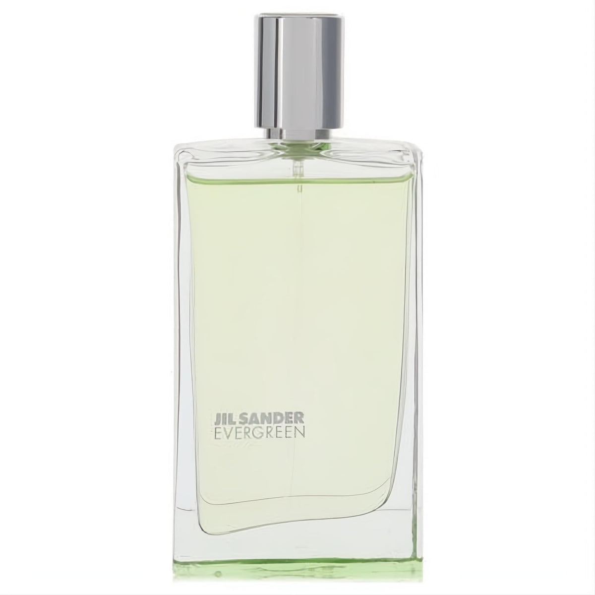 Elegant Jil Sander Evergreen EDT spray. Clear glass bottle with refreshing light green fragrance and sleek silver cap.