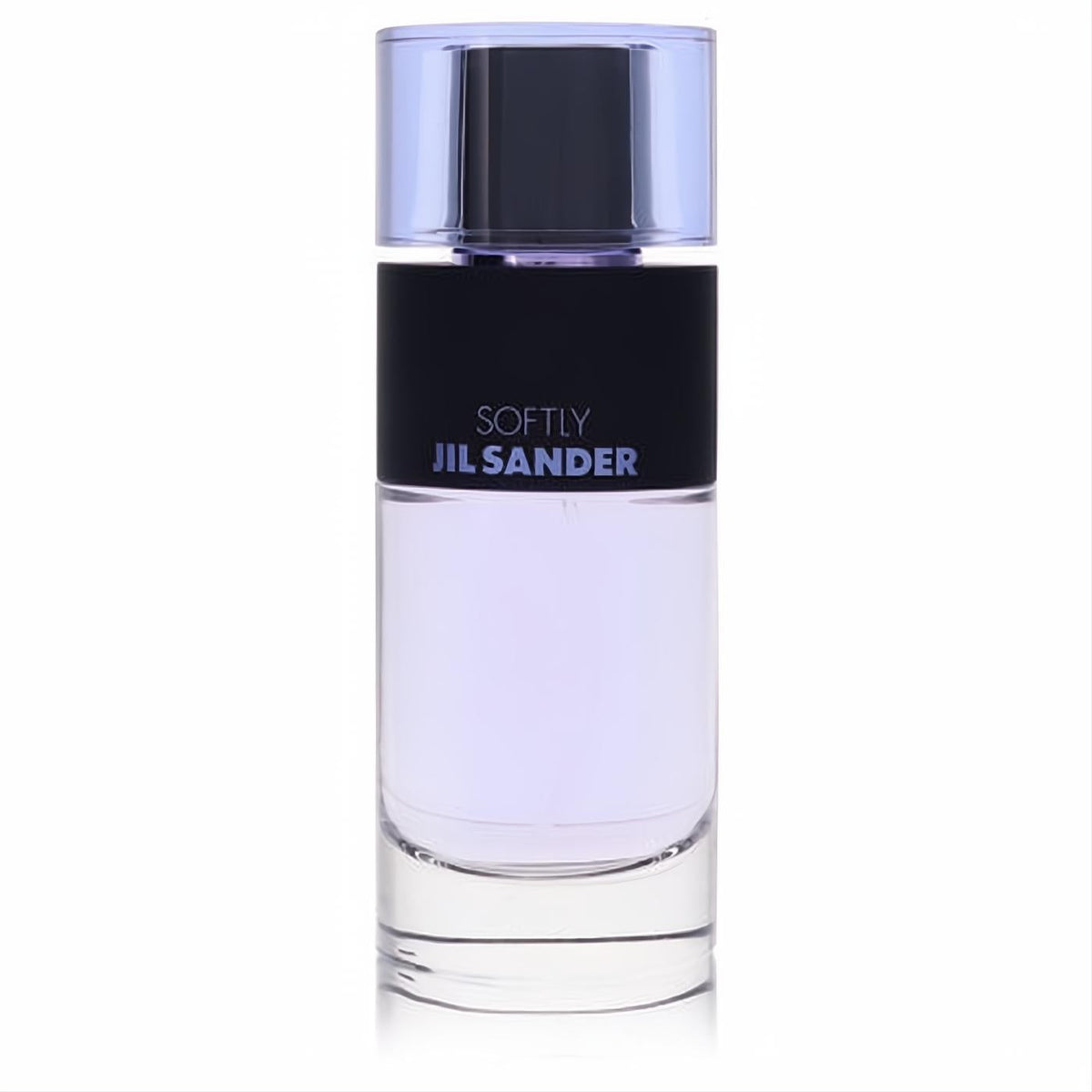 Jil Sander Softly Serene EDP tester. Elegant clear glass bottle with soft lavender liquid, striking black label, and chic purple cap.