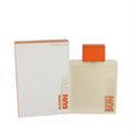 Sleek Jil Sander Sun Men 4.2 oz EDT, a frosted glass bottle with a vibrant orange cap, beside its crisp white box.