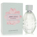 Jimmy Choo Floral 3oz EDT spray. Elegant clear textured bottle and a chic mint green box with a vibrant pink flower design.