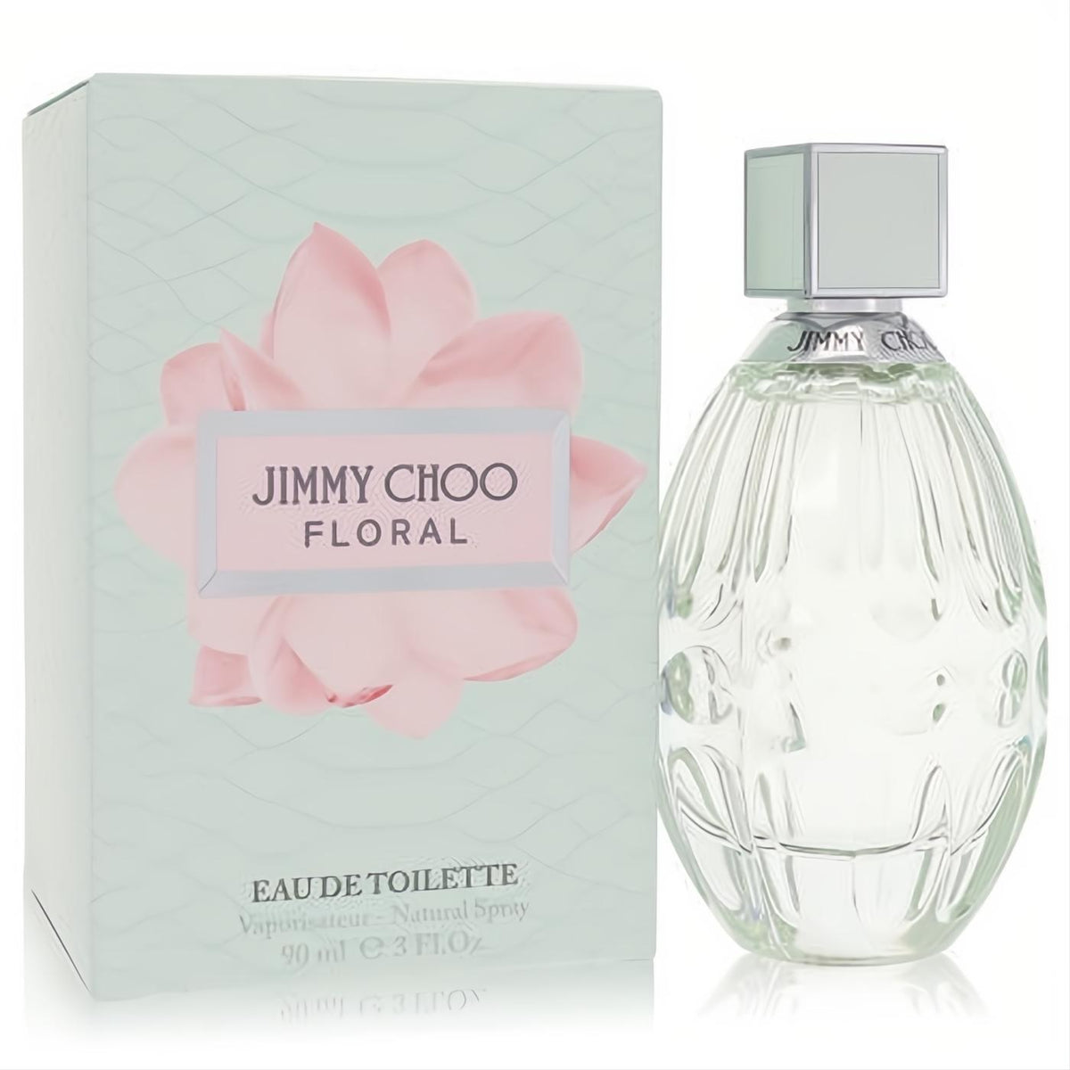 Jimmy Choo Floral 3oz EDT spray. Elegant clear textured bottle and a chic mint green box with a vibrant pink flower design.