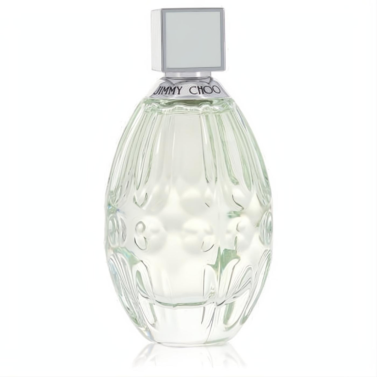 Captivating Jimmy Choo Floral women's perfume in a radiant, textured clear glass bottle with silver trim and a chic square cap.