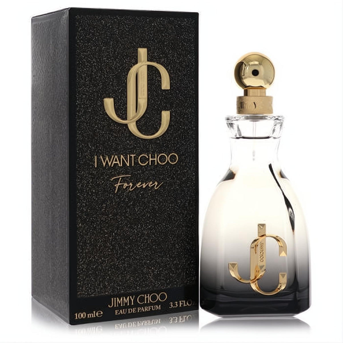 Luxurious Jimmy Choo I Want Choo Forever 3.3 oz EDP. Elegant ombre black glass bottle, gleaming gold cap, and matching textured box.