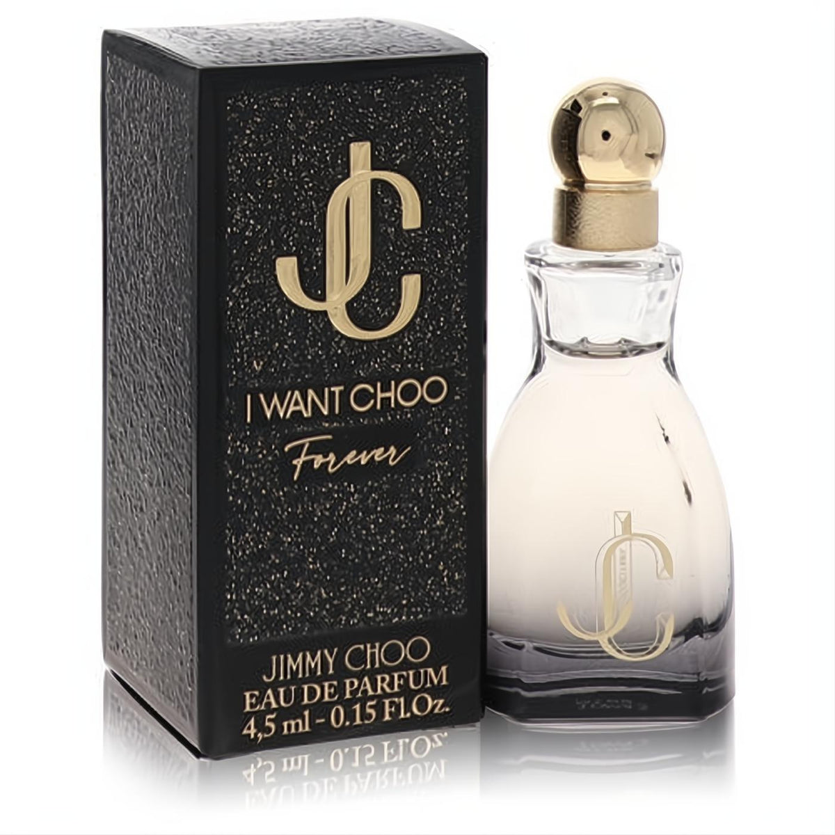 Luxurious Jimmy Choo I Want Choo Forever .15 oz mini EDP. Clear gradient bottle, gold cap, sparkling black box.